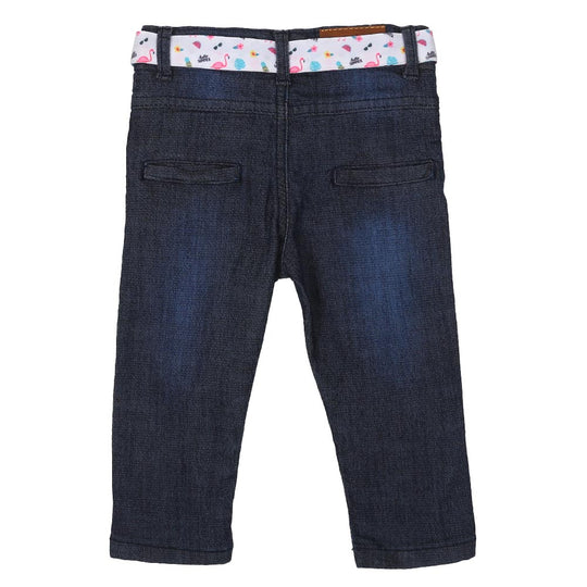 Infants Girls Pant Denim Printed Belt-Navy Blue