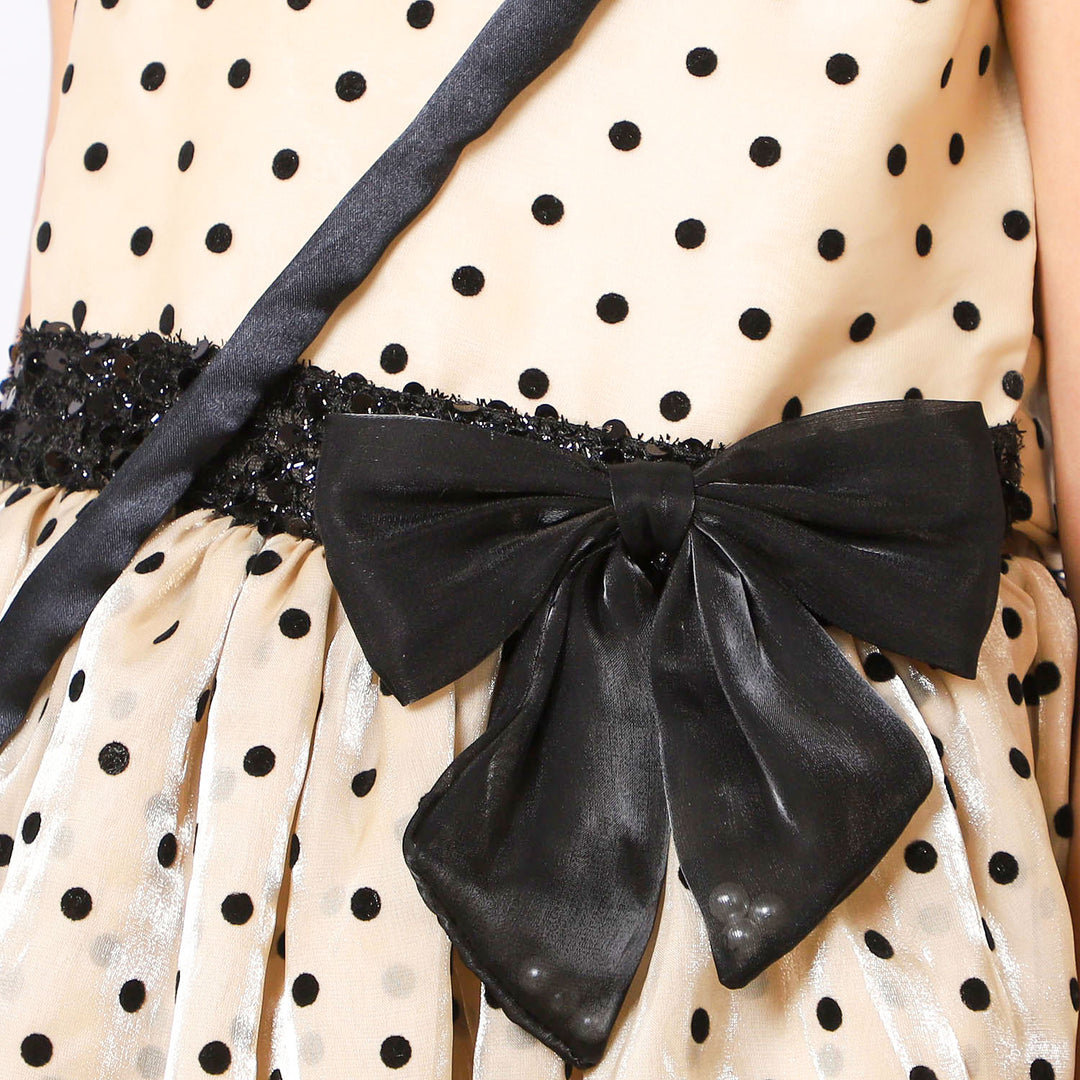 Girls Organza Fancy Frock Polka Dots With Clutch - BEIGE