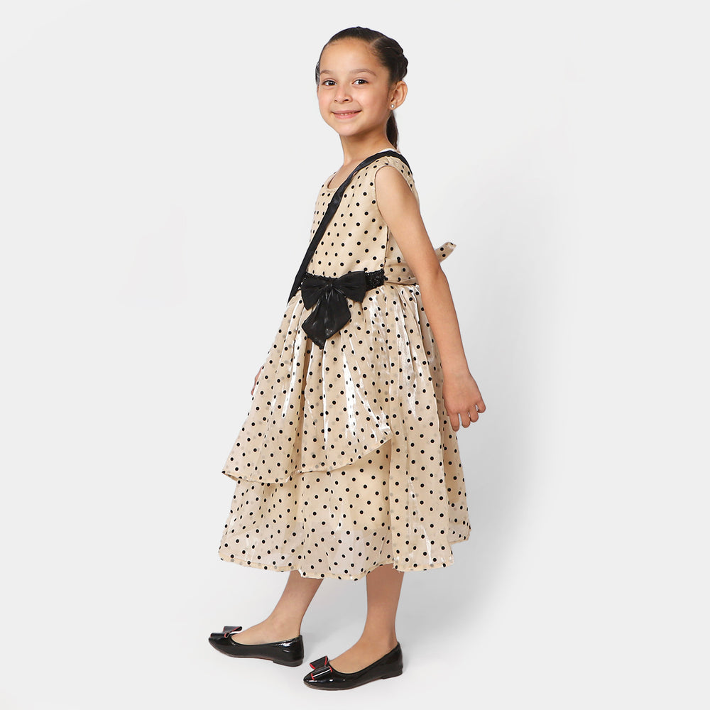 Girls Organza Fancy Frock Polka Dots With Clutch - BEIGE