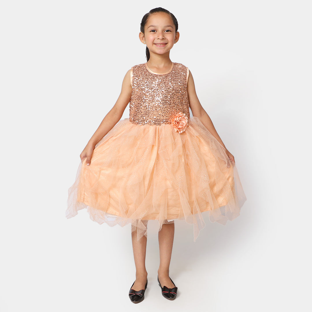 Girls Net Fancy Frock Glow - Fawn