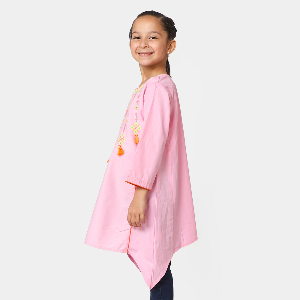 Girls Cotton Embroidered Kurti Artistic - Pink