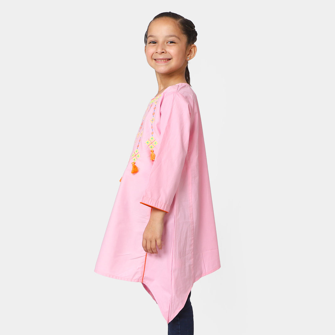 Girls Cotton Embroidered Kurti Artistic - Pink