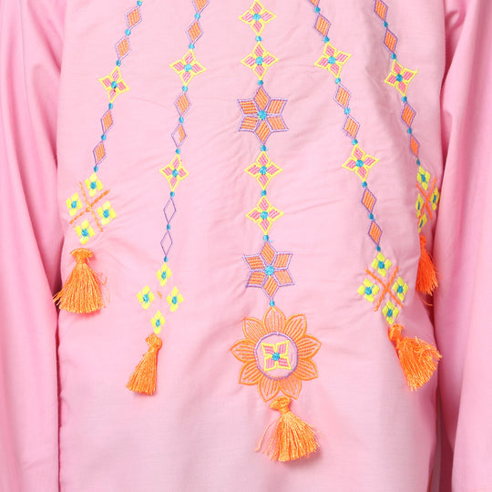 Girls Cotton Embroidered Kurti Artistic - Pink