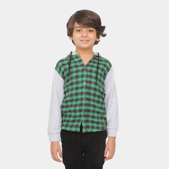 Boys Hooded Shirt - Green Check