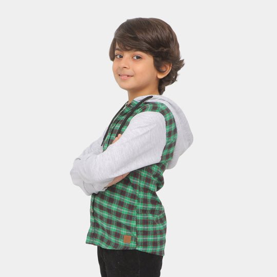 Boys Hooded Shirt - Green Check