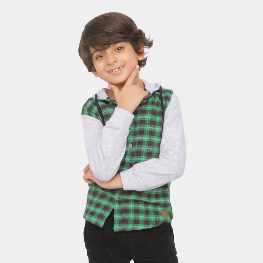 Boys Hooded Shirt - Green Check