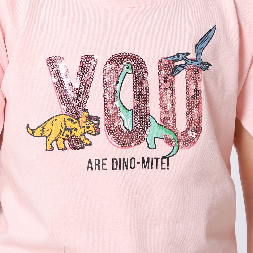 Girls Cotton Jersey T-Shirt Dino Mite - Pink