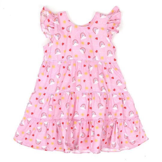 Infant Girls Digital Print Cotton Frock Heart N Rainbow - Pink