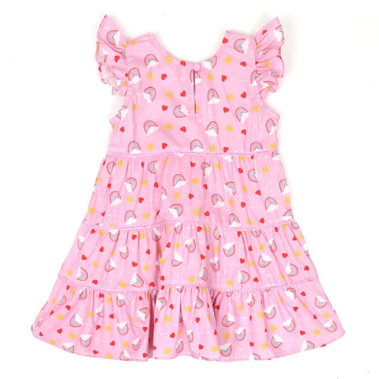 Infant Girls Digital Print Cotton Frock Heart N Rainbow - Pink