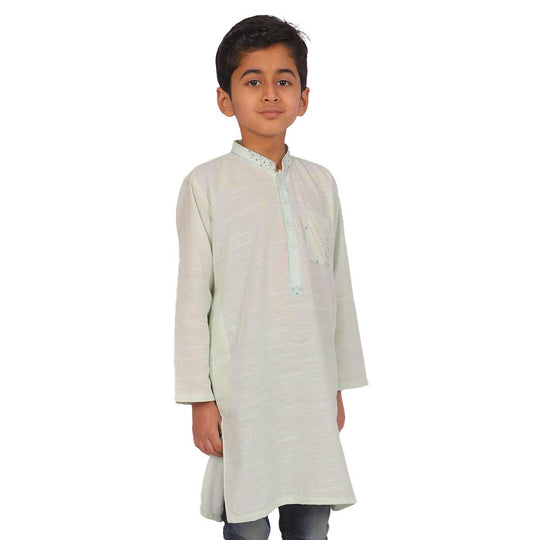 Boys Embroidered Kurta Elegant Pocket - Mint