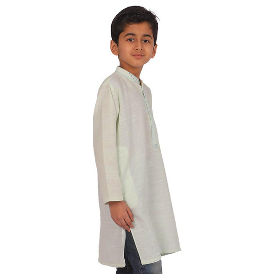 Boys Embroidered Kurta Elegant Pocket - Mint