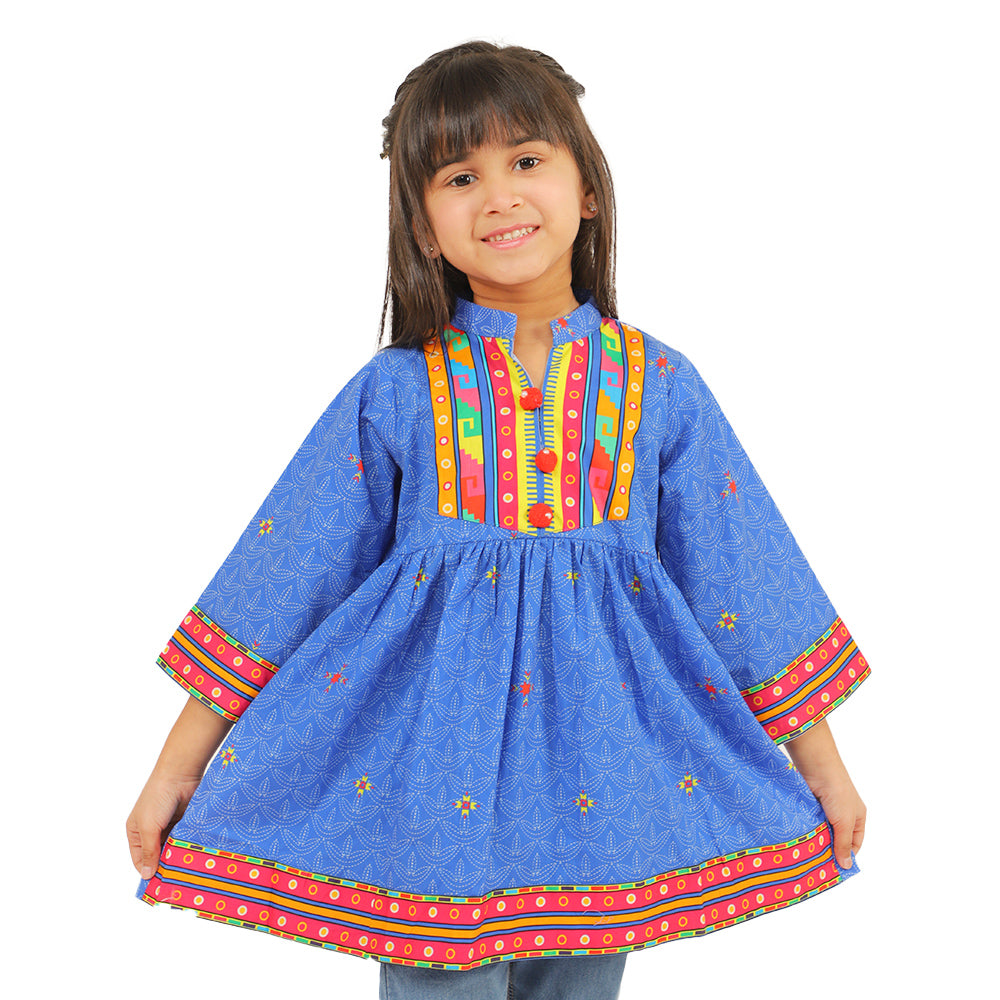 Girls Digital Print Kurti Rang Barang - Blue
