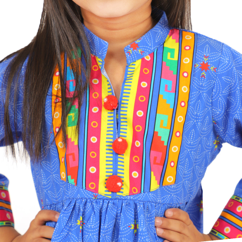 Girls Digital Print Kurti Rang Barang - Blue