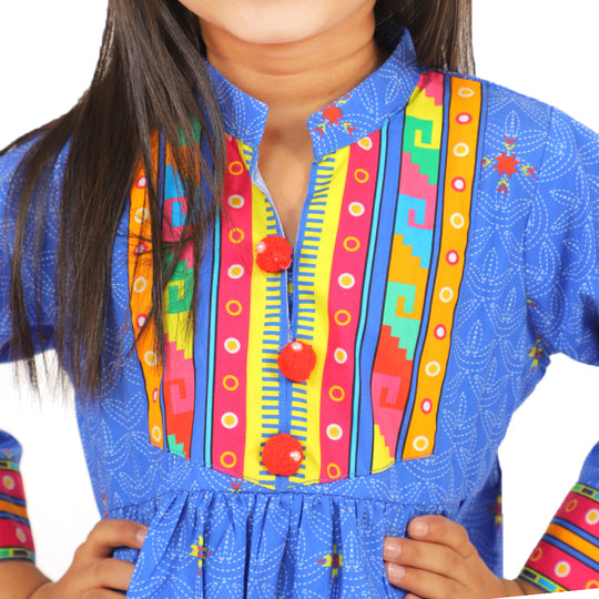 Girls Digital Print Kurti Rang Barang - Blue