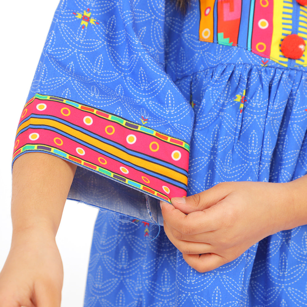 Girls Digital Print Kurti Rang Barang - Blue