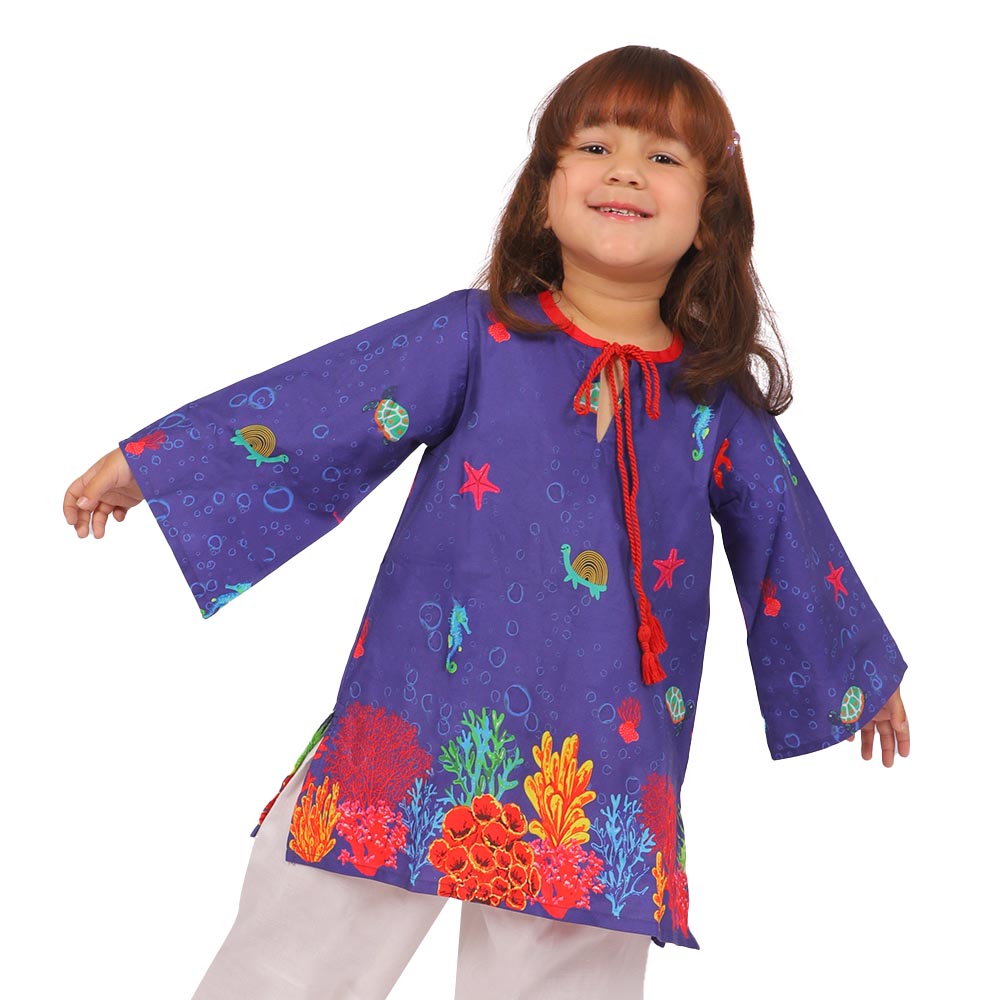 Girls Digital Print Kurti Sea World - Purple