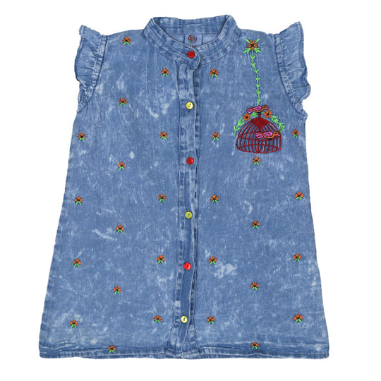 Girls Top Denim Aoe Flower - Ice Blue