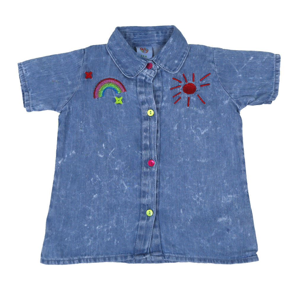 Infant Girls Top Denim Rainbow Emb - Ice Blue