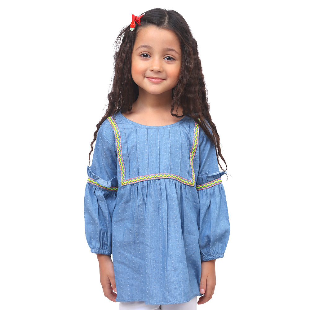 Girls Embroidered Top Chevron Lace - Blue