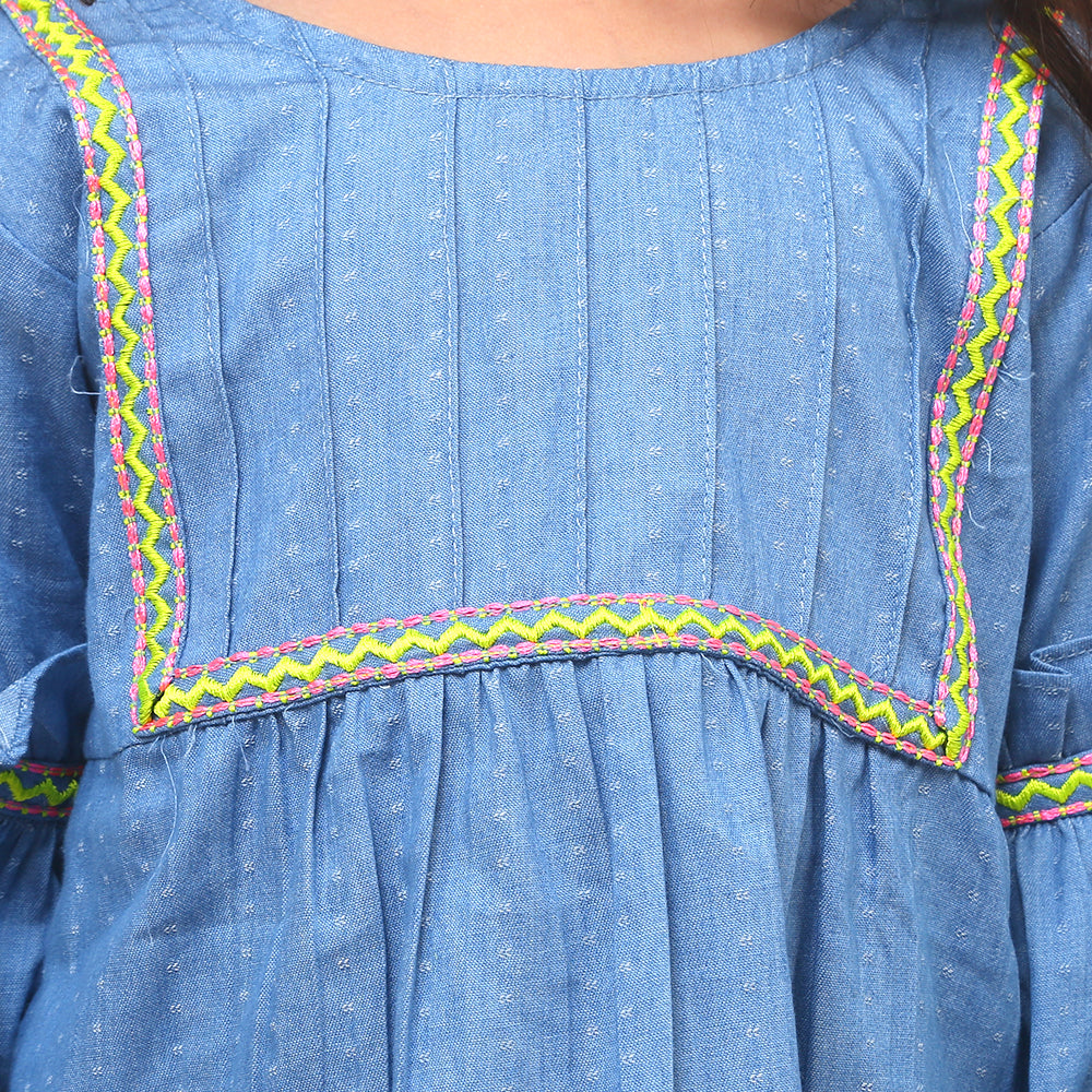 Girls Embroidered Top Chevron Lace - Blue