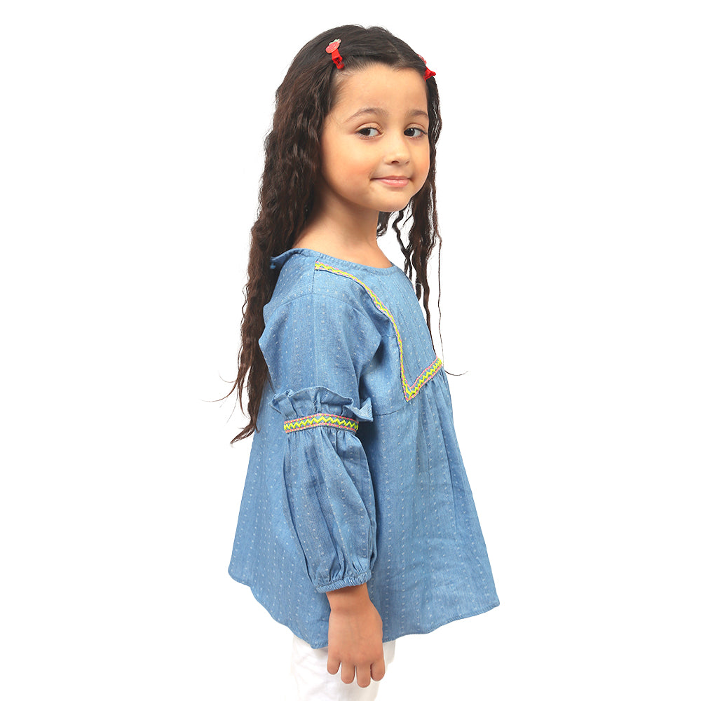 Girls Embroidered Top Chevron Lace - Blue