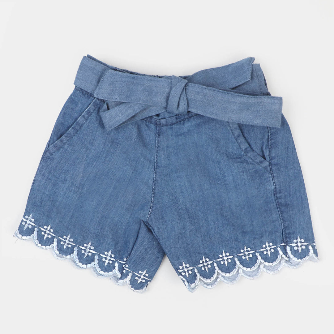 Infant Girls Denim Short White Flowers - Mid Blue