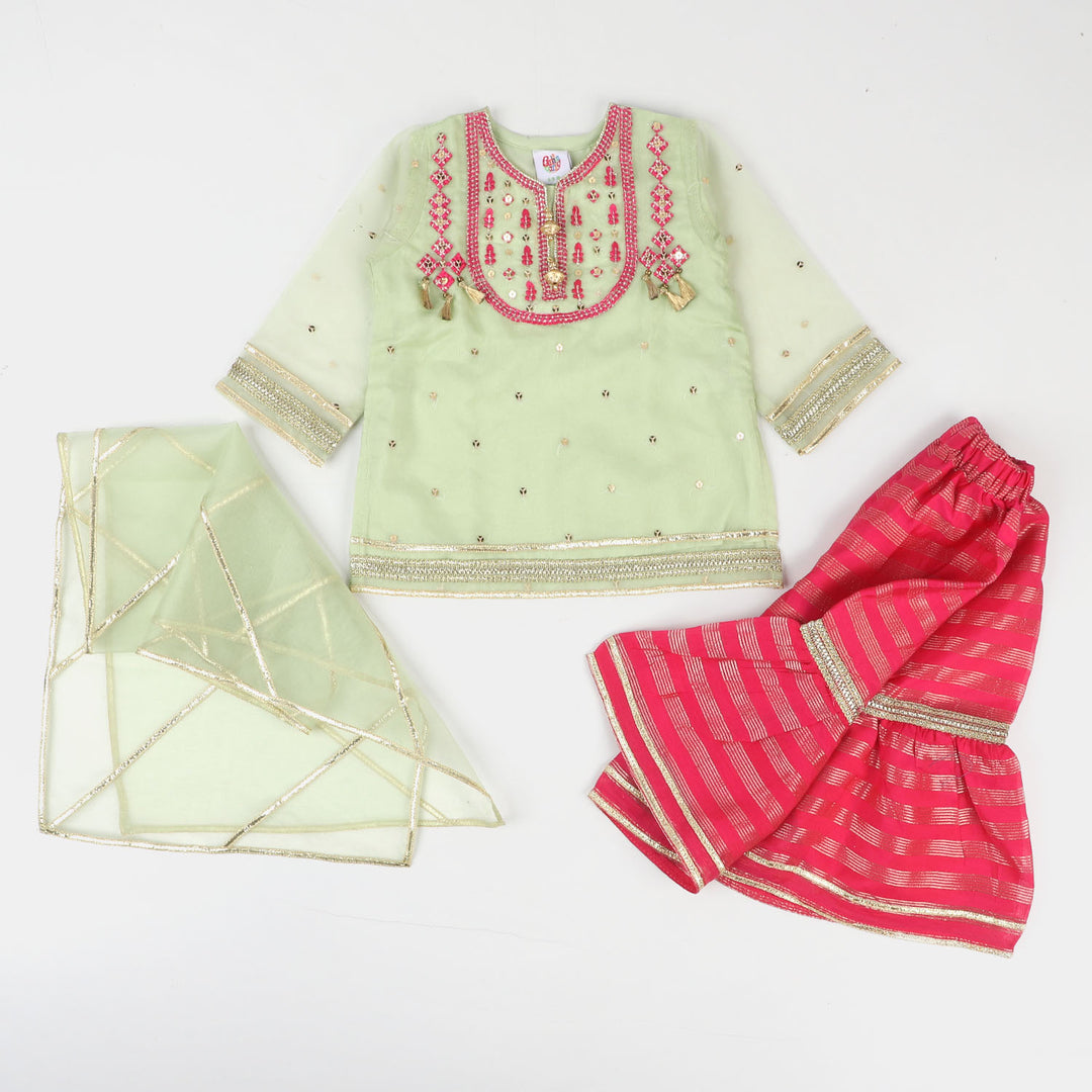 Infant Girls 3 Pcs Fancy Suit Bahar-e-Gul - Pista Green