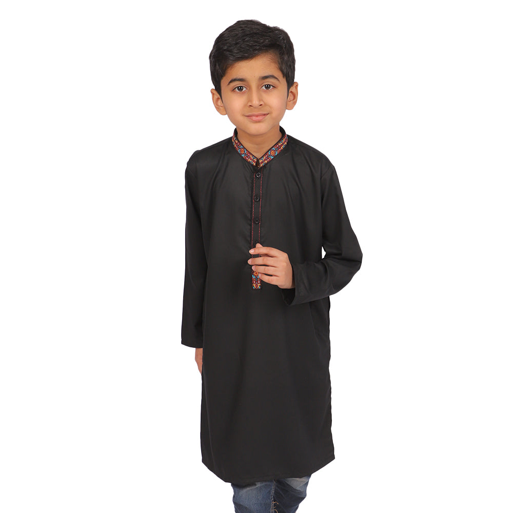 Boys Embroidered Kurta Black Elegant - Black