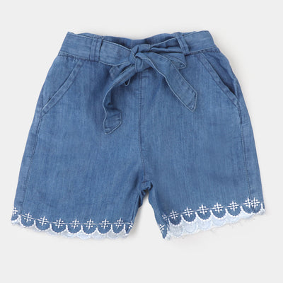 Girls Denim Short White Flowers - Mid Blue