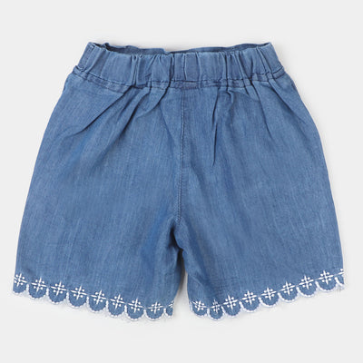 Girls Denim Short White Flowers - Mid Blue