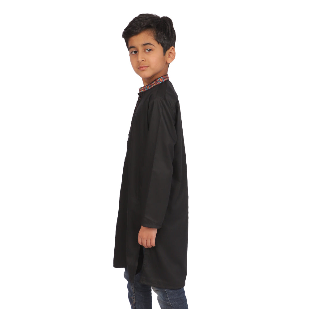 Boys Embroidered Kurta Black Elegant - Black