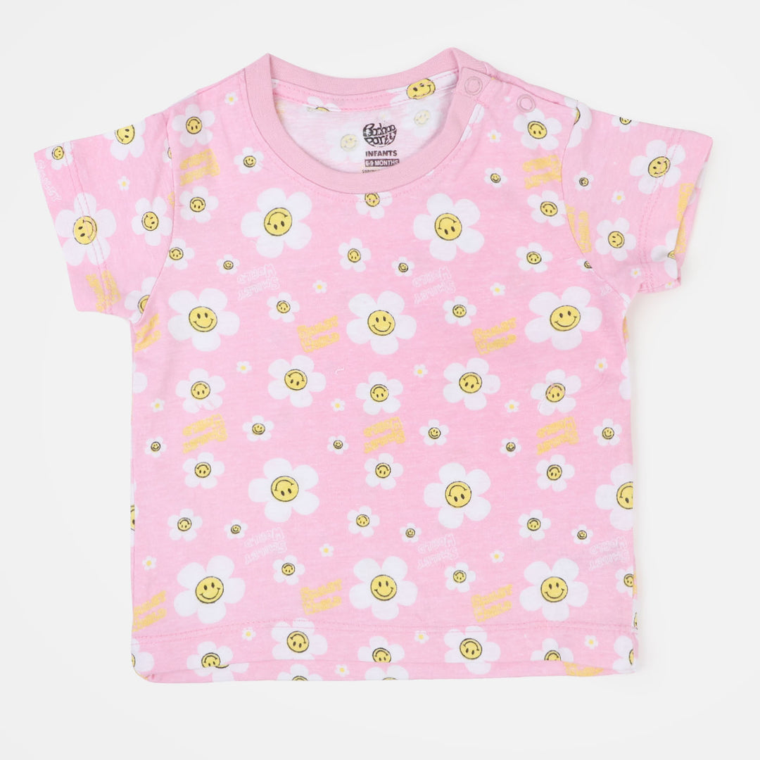 Infant Girls Cotton T-Shirt Smiley Flowers - Light pink