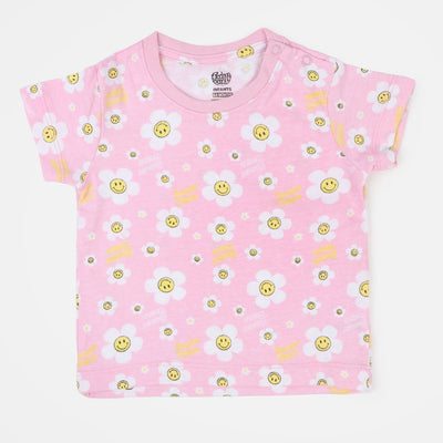 Infant Girls Cotton T-Shirt Smiley Flowers - Light pink