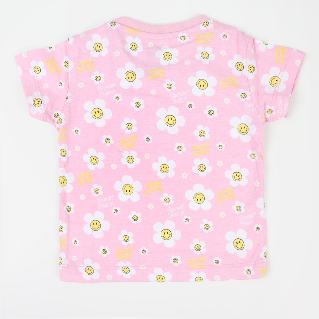 Infant Girls Cotton T-Shirt Smiley Flowers - Light pink