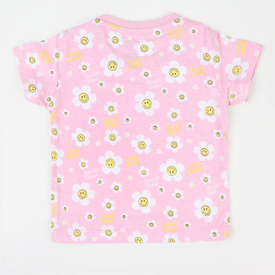 Infant Girls Cotton T-Shirt Smiley Flowers - Light pink