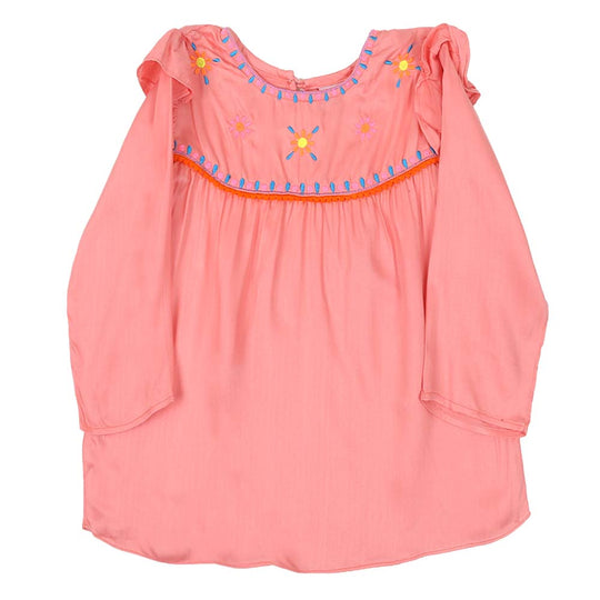Girls Embroidered Top Pom Pom Flower - Peach