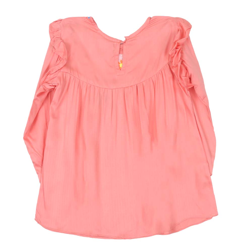 Girls Embroidered Top Pom Pom Flower - Peach