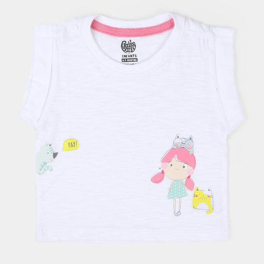 Infant Girls Cotton T-Shirt Cat - White