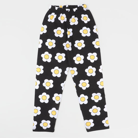 Girls Tights White Flower - Jet Black