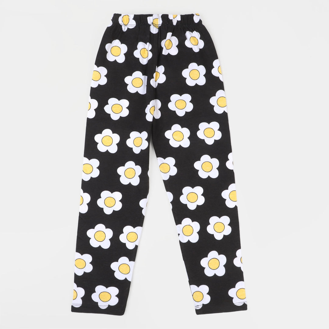 Girls Tights White Flower - Jet Black