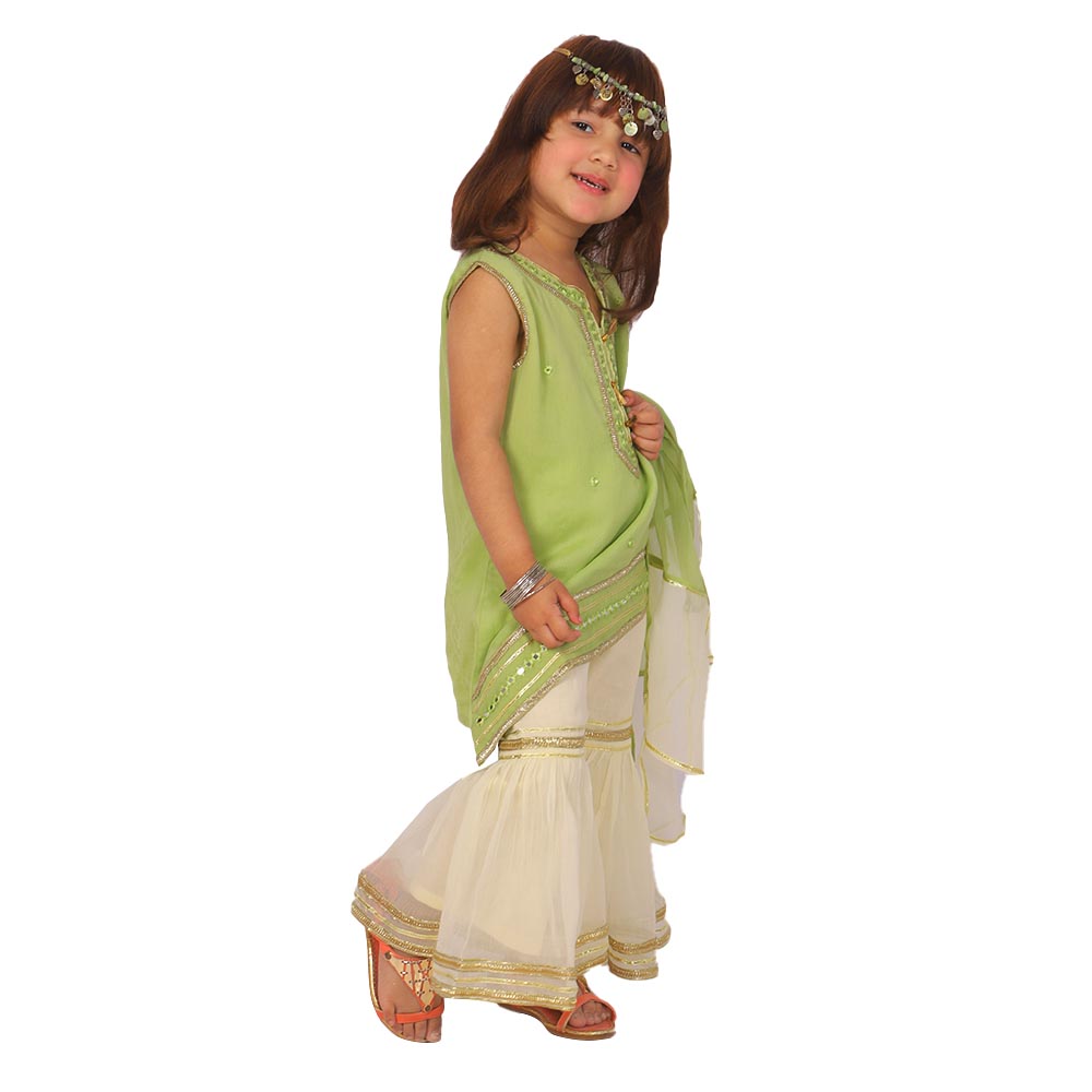 Fancy Eastern Mirror 3 PCs Suit For Girls - Green/Off White