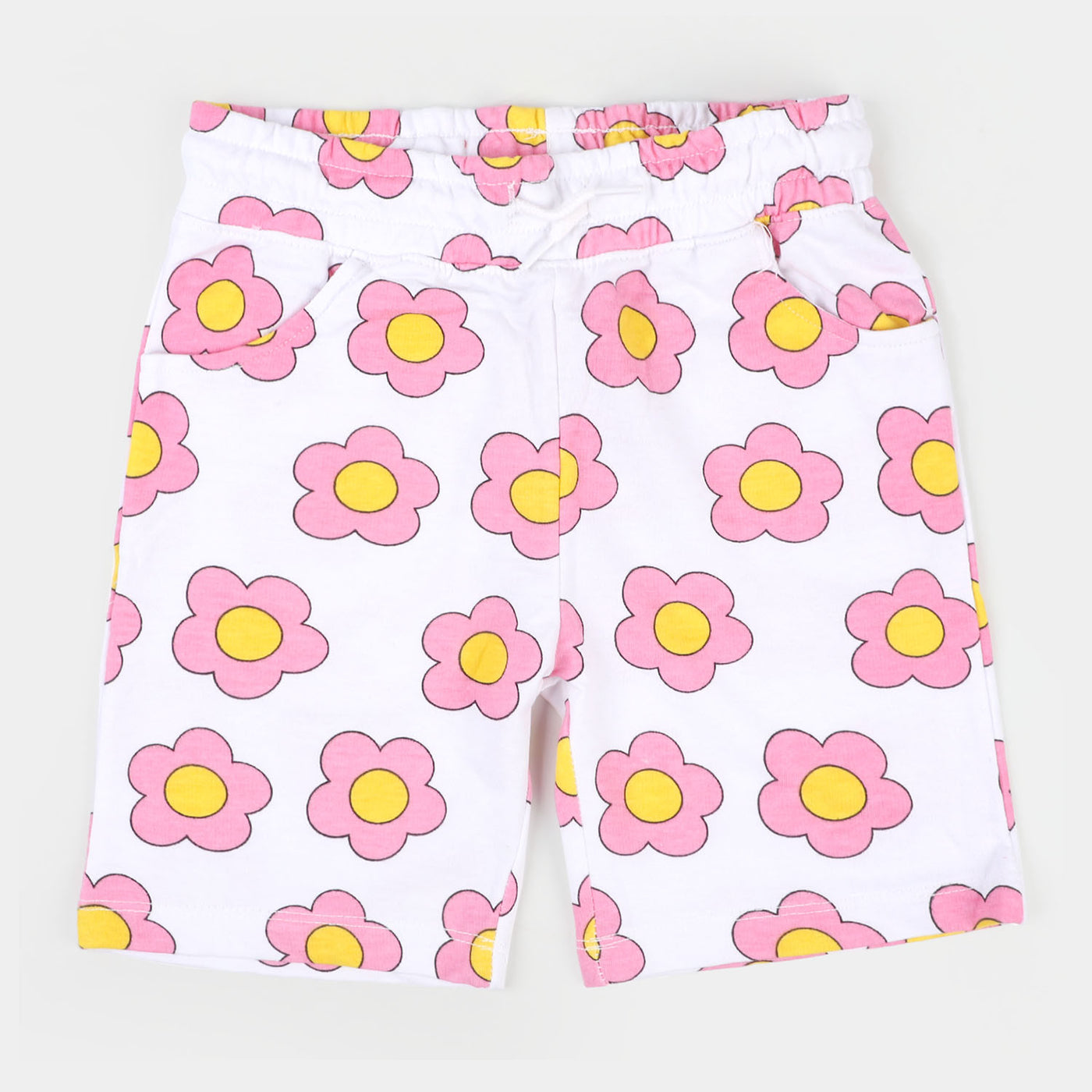 Girls Cotton Short Pink Flower - White