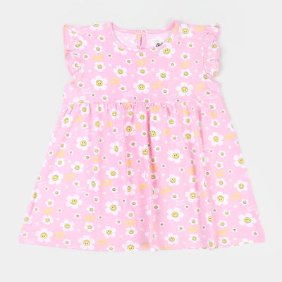 Infant Girls Knitted Frock Smiley Flowers - Light pink