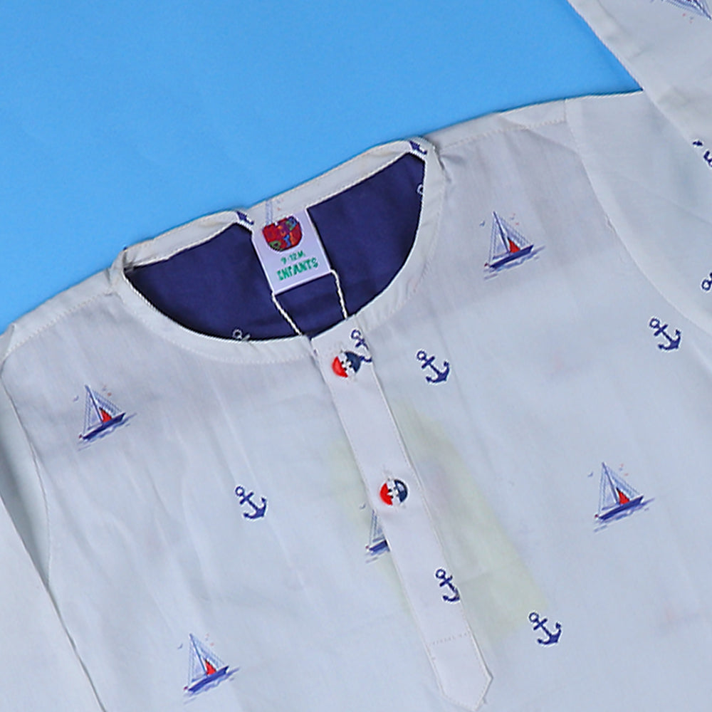 Digital Print Kurta Anchor For Boys - White