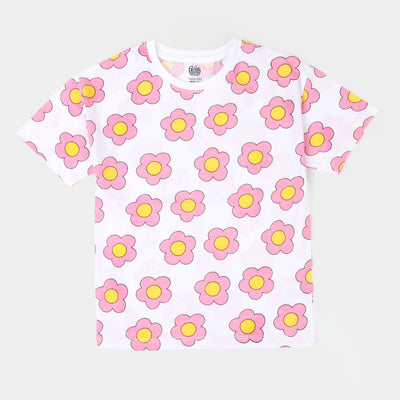 Girls Cotton T-Shirt Pink Flower - White
