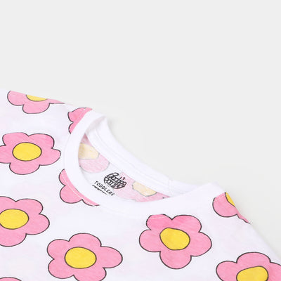 Girls Cotton T-Shirt Pink Flower - White