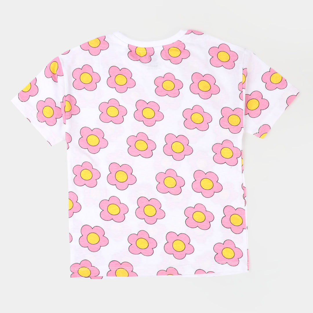 Girls Cotton T-Shirt Pink Flower - White