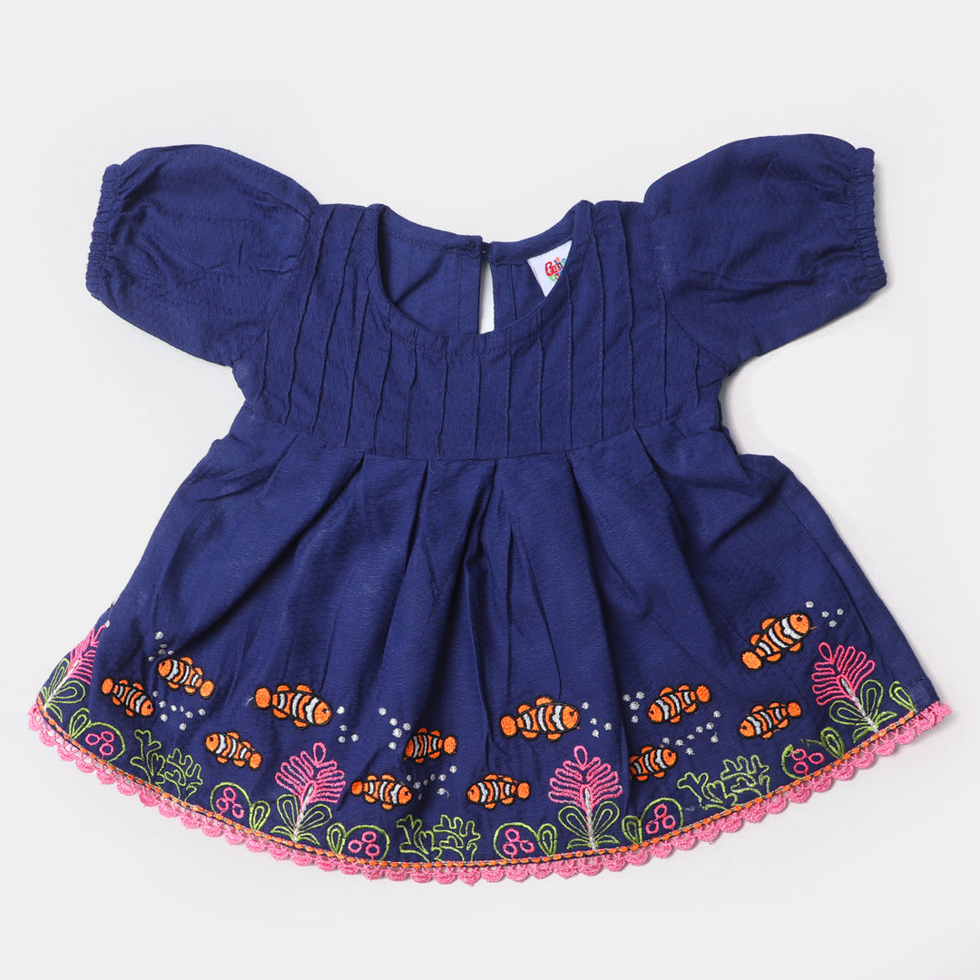 Infant Girls Jacquard Embroidered Kurti - Navy Blue