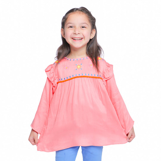 Girls Embroidered Top Pom Pom Flower - Peach