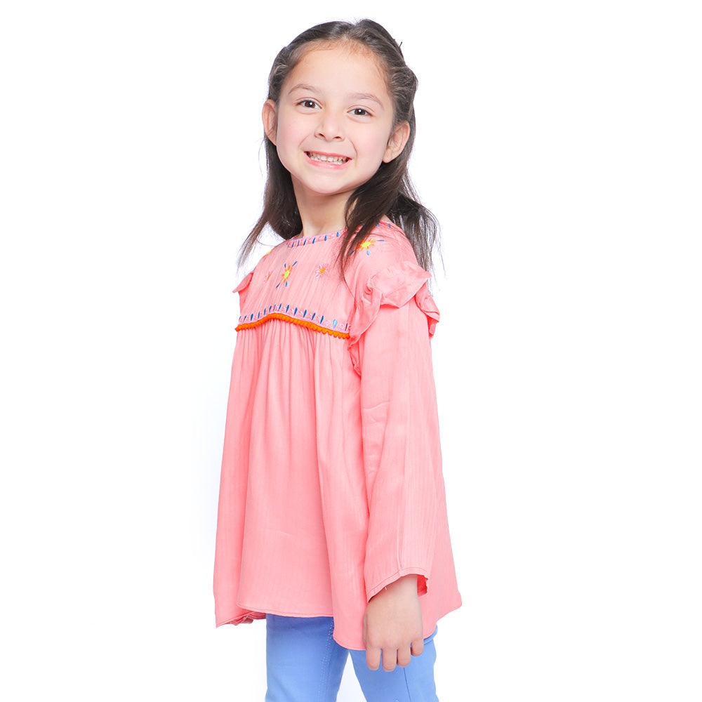 Girls Embroidered Top Pom Pom Flower - Peach